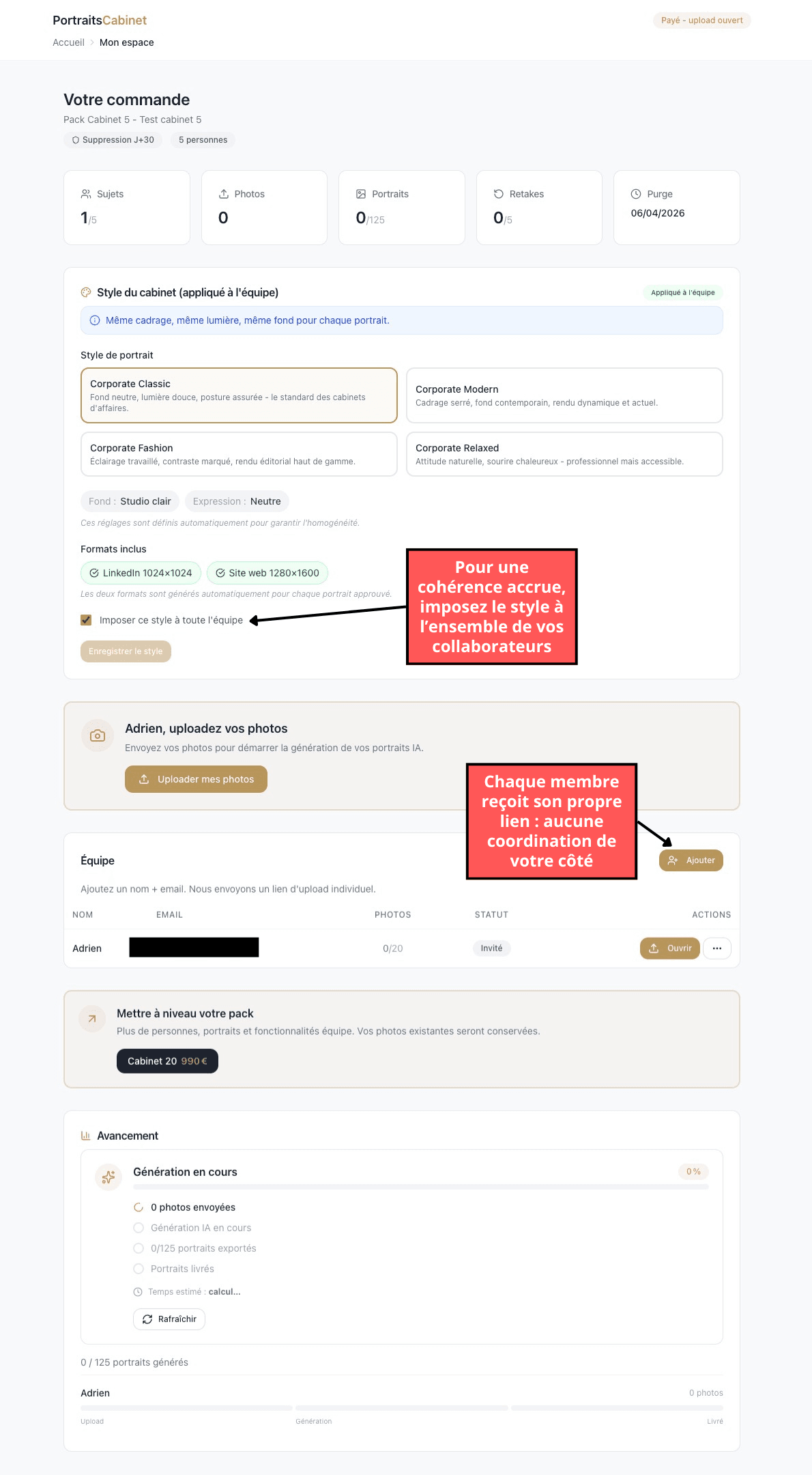 Portail cabinet - vue du tableau de bord avec les membres et leurs portraits