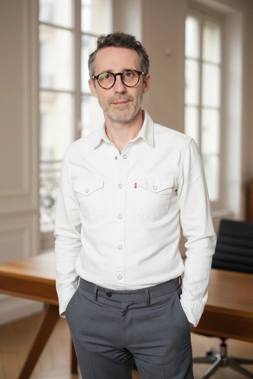 Portrait corporate décontracté d'avocat avec sourire chaleureux et ambiance accessible